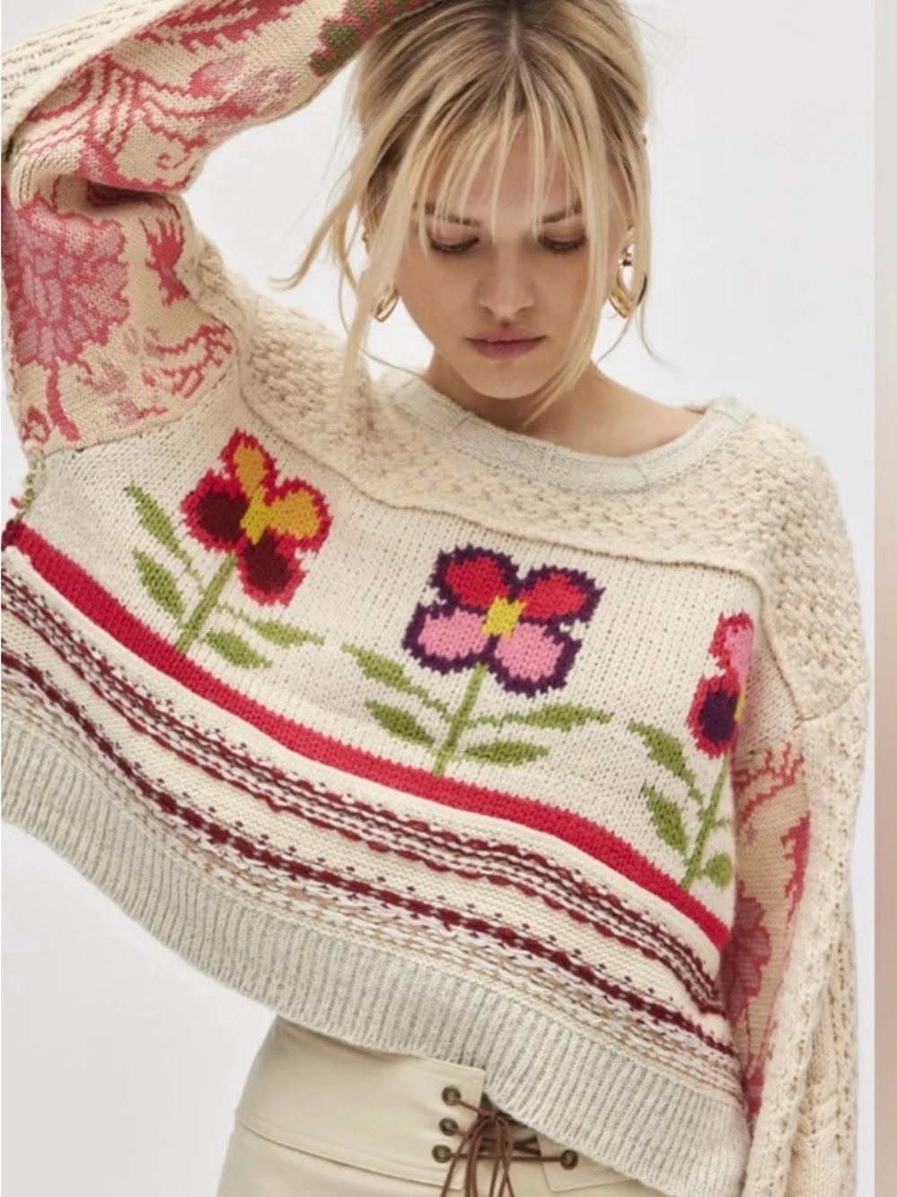 UO Kimichi Blue Rosemary Crafty Knit Pullover with Pink & Red Intarsia